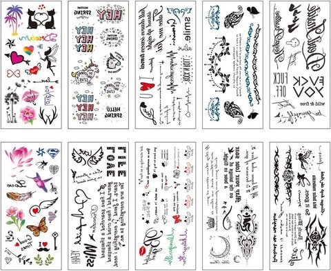 Temporary Tattoos Lovely English Words &amp; Black Designs Body Art Make up for Women Fake Tattoo Sticker Waterproof Tattoo with Star Heart 10 Sheets