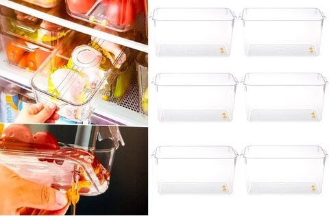 Large Clear Plastic Stackable Refrigerator Bins, Food Storage Containers Box with Lid, handles &amp; bottom stoppers, Organizers for Kitchen Fridge, Pantry &amp; Bathroom (6 Pcs)