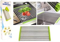 GulfDealz Kitchen Foldable Multipurpose Dish Drainer Over the Sink, Roll Up Dish Drying Rack(37x28 cm), Stainless Steel Material, Dish Holder, Kitchen Accessories, Model No. KDR001 - Green
