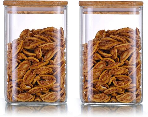 1CHASE&reg; Square Glass Storage Jar with Air tight Bamboo Lid, Borosilicate Kitchen Food Storage Container Set for Candy Cookie Rice Sugar Flour Pasta Nuts,Set of 2Pcs 1100 ML