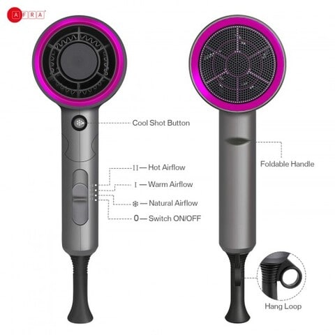 AFRA Japan Hair Dryer, AF-1400HDPG, 1400W, DC Motor, Cool Shot Function, Concentrator, Ionic Function, Multiple Temperature Settings, G-Mark, ESMA, RoHS, And CB Certified, 1 Year Warranty.